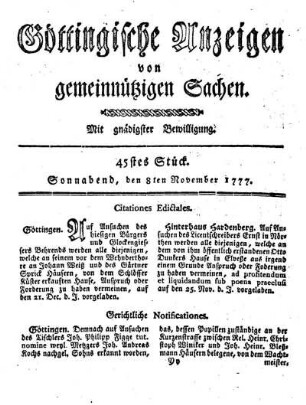 45tes Stück. Sonnabend, den 8ten November 1777.