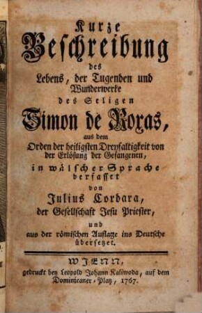 Kurze Beschreibung des Lebens ... des seligen Simon de Roxas