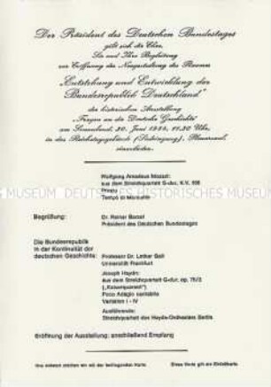 Einladungskarte für die Eröffnung des neugestalteten Raumes "Entstehung und Entwicklung der Bundesrepublik Deutschland" im Reichstagsgebäude