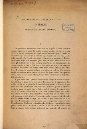 Del movimento intellettuale d'Italia ne'primi secoli del medioevo : Estratto dagli Atti della Deputazione veneta di Storia patria, Anno II