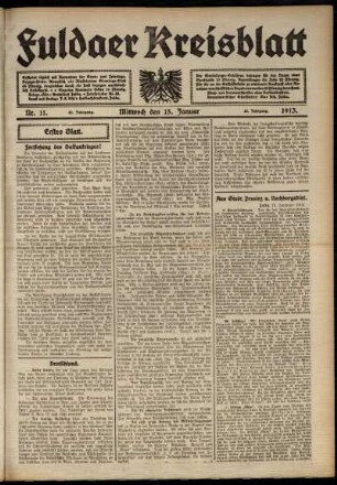Erste Ausgabe vom Mittwoch, den 15. Januar 1913.