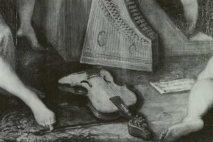 Musizierende Frauen : Tintoretto, Jacopo:. Musizierende Frauen. Ausschnitt Bildmitte unten: Lira da Braccio, Hackbrett und Notenbuch. Ölmalerei; 142 x 214 cm. Dresden: Gemäldegalerie Alte Meister Kat. 1908, Nr. 265