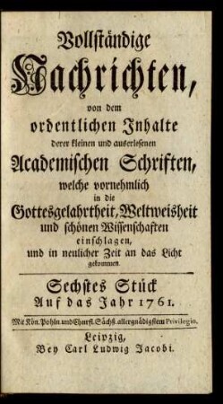 Sechstes Stück. Auf das Jahr 1761