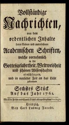 Sechstes Stück. Auf das Jahr 1761