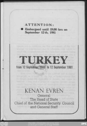Turkey : from 12 September 1980 to 12 September 1981