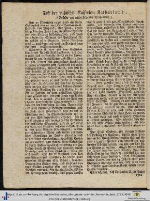 Tod der rußischen Kaiserinn Katharina II.