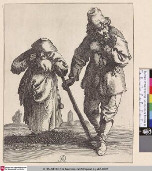 [Ein Bettlerpaar; A male beggar holding a stick at right, followed by his wife at left, another beggar with a child in left background]