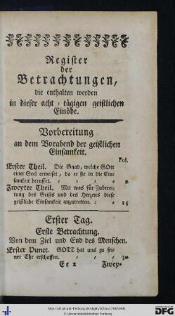 Register der Betrachtungen, die enthalten werden in dieser acht-tägigen geistlichen Einöde.
