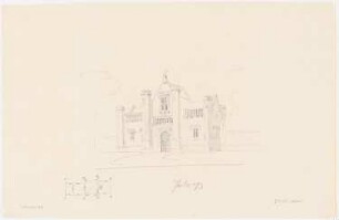 Schloss Babelsberg, Potsdam (?): Perspektivische Ansicht des Parkeingangs, Skizze eines Grundrisses