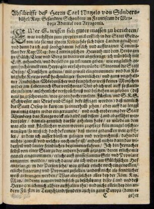 Abschrifft deß Herrn Carl Nutzels von Sündersbühel/ Kay: Gesandten Schreibens an Franciscum de Mendoza Admiral von Arragonia.