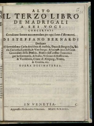 Steffano Bernardi: Il terzo libro de madrigali a sei voci concertati ... Alto