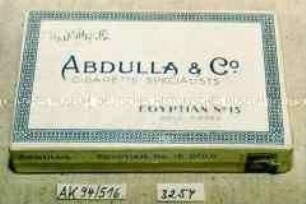 Pappschachtel für 25 Stück "ABDULLA UND CO. CIGARETTE SPECIALISTS EGYPTIAN No. 15 GOLD TIPPED"