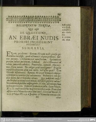 Dissertatio Tertia, Quae agit De Quaestione, An Ebraei Nudis Prorsus Incesserint?