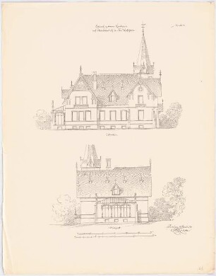 Landgut Treutler, Neu-Weißstein Landhaus: Aufriss Ostseite, Südseite, 2 Maßstabsleisten