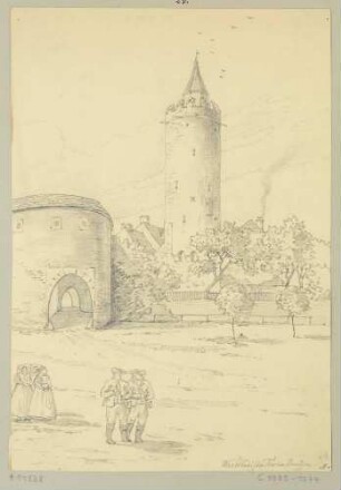 Das Wendische Tor und Turm in Bautzen in Ostsachsen, im Osten der Stadt, vor dem Abriss des Rondells mit Torbogen im Jahre 1834