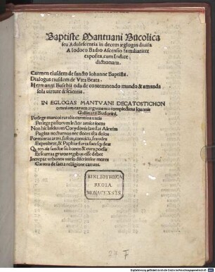 Baptiste Mantuani Bucolica seu Adulescentia : in decem aeglogas diuisa