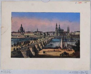 Stadtansicht von Dresden, Blick von der Neustädter Wache (Blockhaus) über die Augustusbrücke auf die Altstadt