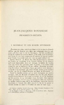 Jean-Jacques Rousseau : fragments inédits ; recherches biographiques et littéraires