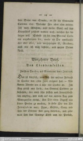 Vierzehnter Brief. Von Ebendemselben : Zwischen Quebec untd Montreal den 8. Juni 1776
