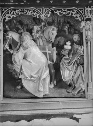 Ehemaliger Hochaltar der Marienkirche — Predella: Ankunft und Anbetung der Heiligen Drei Könige