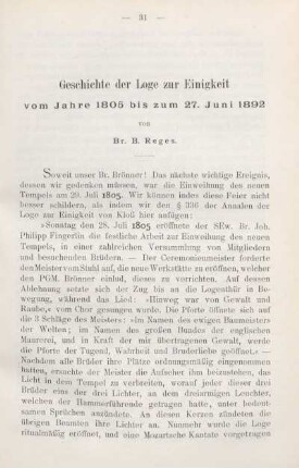 Geschichte der Loge zur Einigkeit vom Jahre 1805 bis zum 27. Juni 1892