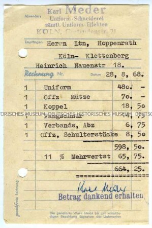 Schneiderrechnung zur Ausgehuniform für einen Offizier (Leutnant), Panzertruppe, Bundeswehr