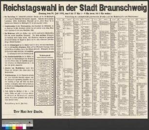 Bekanntmachung der Stadt Braunschweig zur Organisation der Reichstagswahl am 31. Juli 1932