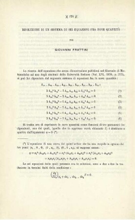 Risoluzione di un sistema di sei equazioni fra nove quantità.