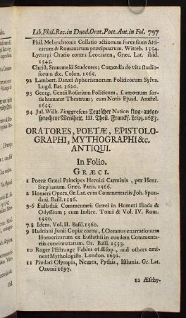 797-813, Oratores, Poetae, Epistolographi, Mythographi & c. Antiqui.