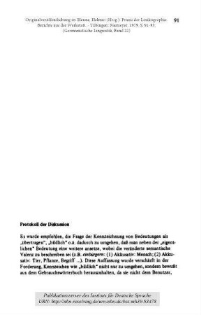 Protokoll der Diskussion ("Die Metapher im Wörterbuch")