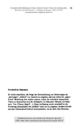 Protokoll der Diskussion ("Die Metapher im Wörterbuch")
