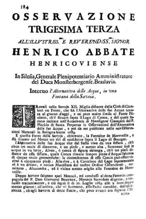 Osservazione Trigesima Terza all'Illustriss. e Reverendiss. Sig. Henrico Abbate Henricoviense ...