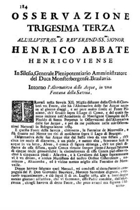 Osservazione Trigesima Terza all'Illustriss. e Reverendiss. Sig. Henrico Abbate Henricoviense ...