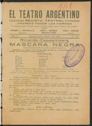 1920001900: Máscara negra : pieza policial en un acto y cinco cuadros