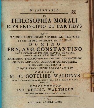 Dissertatio de philosophia morali, eius principio et partibus