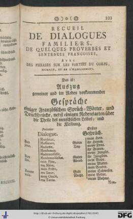 Auszug gemeiner und im Reden vorkommender Gespräche einiger Französischen Sprüch-Wörter, und Denksprüche, nebst einigen Redensarten über die Theile des menschlichen Leibes, und die Kleidung.