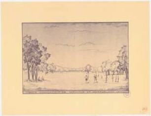 Erweiterungsplanung Volkspark Jungfernheide (Nordostteil), Berlin-Wedding: Perspektivische Ansicht mit Blick über die Spielwiese am Hohenzollernkanal, Stempel
