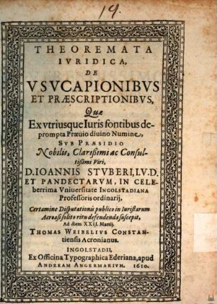 Theoremata Ivridica, De Vsvcapionibvs Et Praescriptionibvs