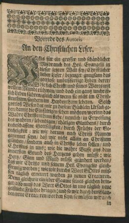 Vorrede des Autoris An den Christlichen Leser