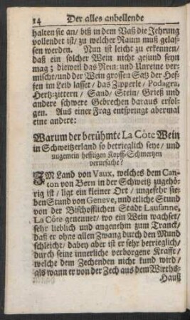 Warum der berühmte La Côte Wein in Schweitzerland so betrieglich seye / und ungemein hefftigen Kopff-Schmertzen verursache?