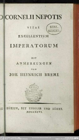 Cornelii Nepotis Vitae Excellentium Imperatorum