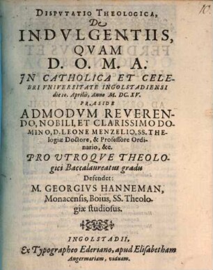 Disputatio theologica de indulgentiis