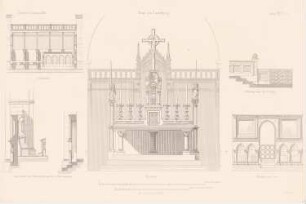 Limburger Dom: Ansicht Hochaltar, Chorgestühl, Details (aus: Atlas zur Zeitschrift für Bauwesen, hrsg. v. G. Erbkam, Jg. 24, 1874)