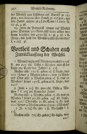 Vortheil und Schaden durch Zurrücklauffung der Wechsel.