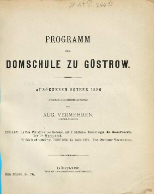 Programm der Domschule zu Güstrow : ausgegeben Ostern ... 1885/86