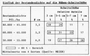 Einfluss der Bestandesdichte auf die Rüben-Scheitelhöhe
