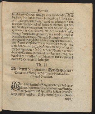 Tit. II. Von denen Secretarien, Gerichtshaltern, Stadt- und Gerichts-Schreibern, deren Adiunctis auch Notarien.