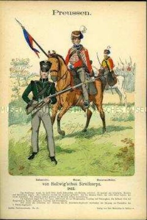 Uniformdarstellung, Infanterist, Husar und Offizier der Husaren des Hellwigschen Streifkorps, Königreich Preußen, 1813.