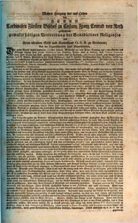 Wahrer Hergang der auf Ordre des Herrn Cardinalen Fürsten Bischof zu Costanz Franz Conrad von Roth geschehenen gewaltthätigen Vertreibung der Benedictiner Religiosen aus ihrem uhralten Stift und Gotteshaus O.S.B. zu Reichenau : Aus den Originalschreiben eines Mitvertriebenen