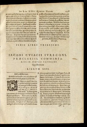 Iacobi Cuiacii ... Commentarius In Aemylii Papiniani Quaestionum Librum XXXI.